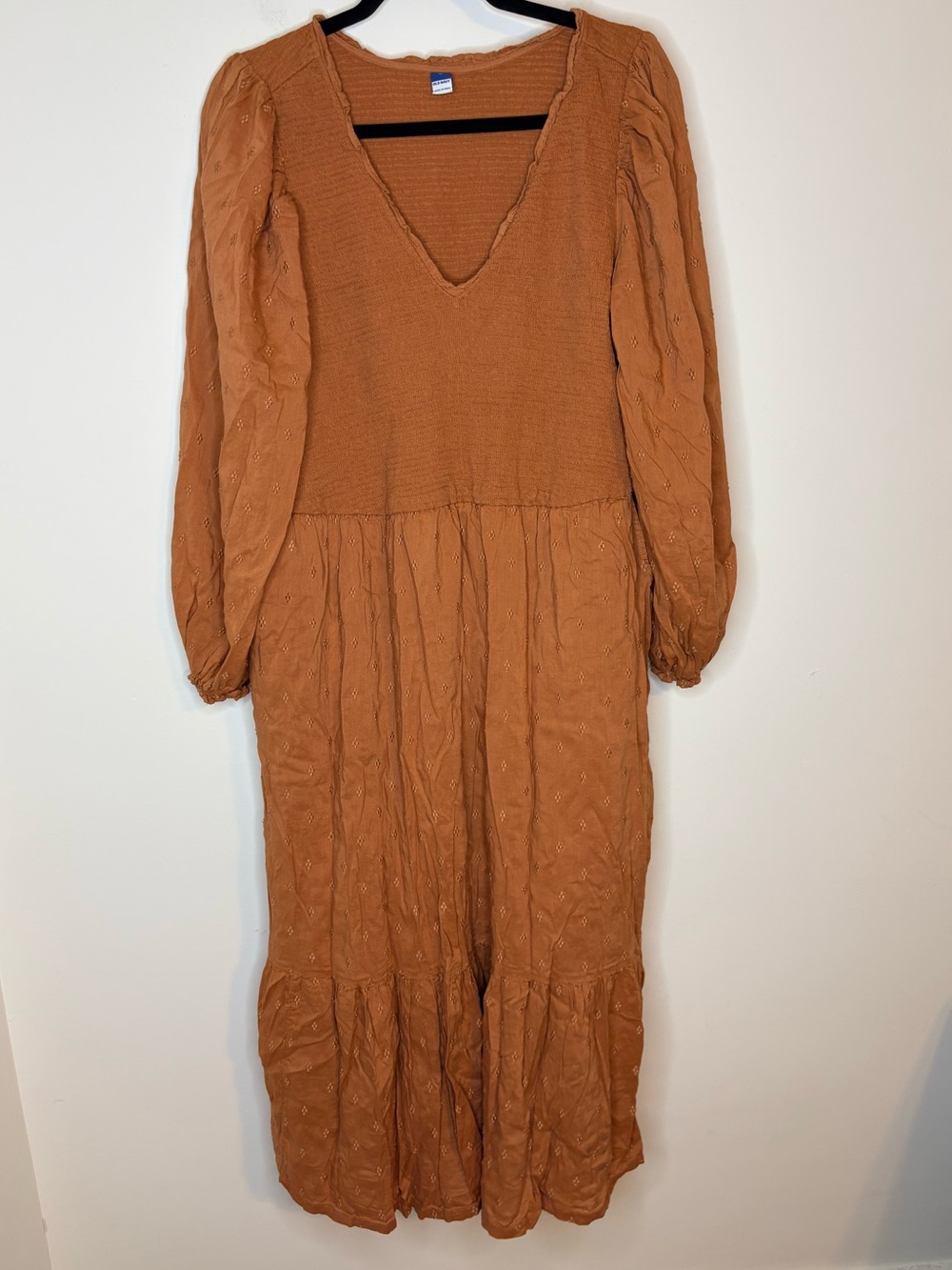 Old Navy Brown Smocked V-Neck Embroidered Maxi Dress Puff Sleeves Size 2X